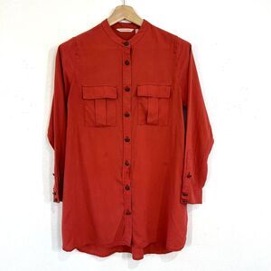 Soft Surroundings Blouse Top 100% Silk Small Red Long Sleeve Button Up No Collar